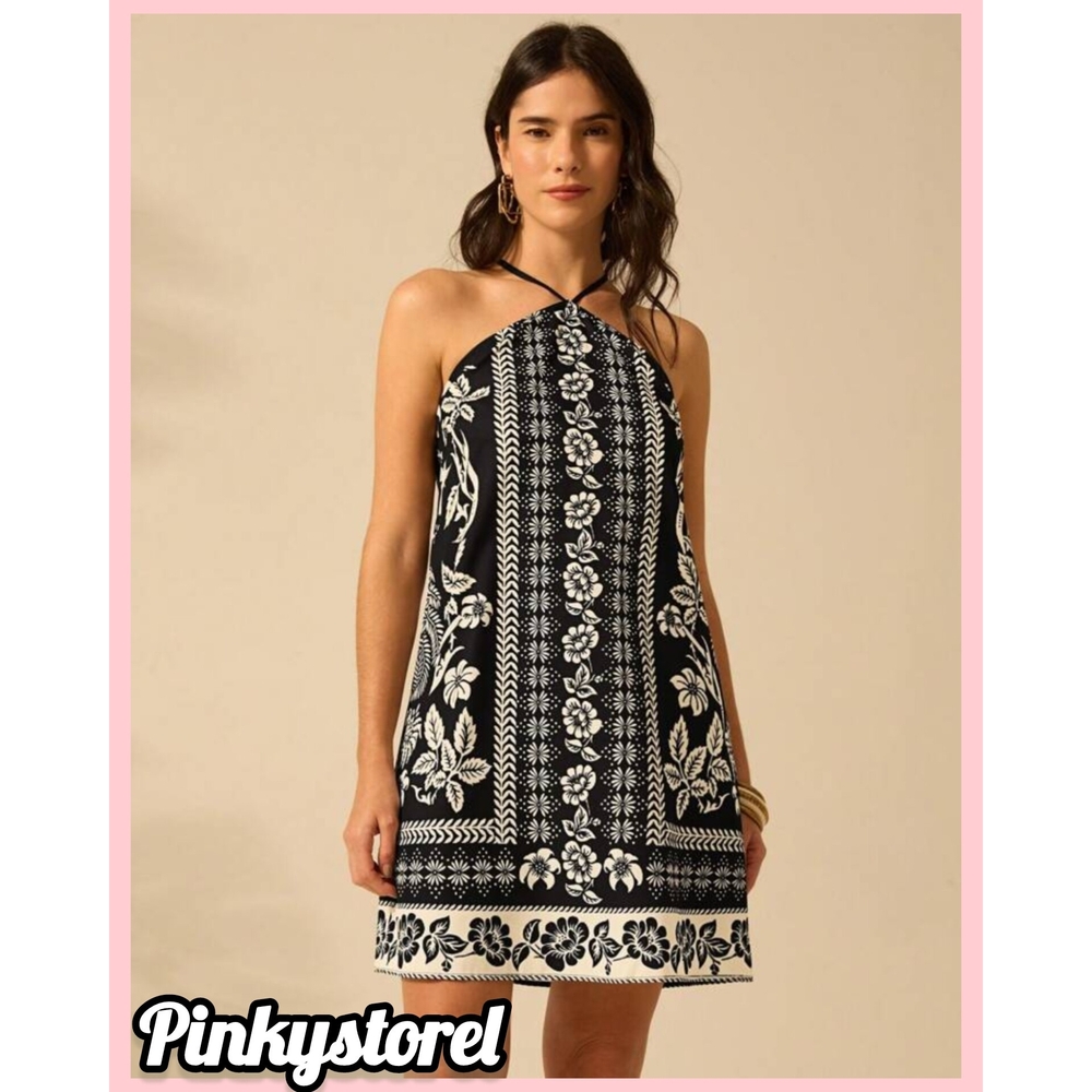 Floral Halter Neck Dress - Black and White - Picture 2 of 7